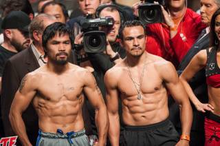 The weigh-in for Manny Pacquiao vs. Juan Manuel Marquez 4 with Pacquiao, Marquez, Mike Tyson, Curtis 